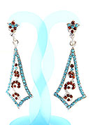 Create striking glance with this earring intended in a rhombus shaped frames which are nicely designed with Light Blue and Rust Diamonds work. The base frame of earring is made with alloy metal. Keep away from water, sweat and perfume. Slight Color variations are possible due to differing screen and photograph resolution.