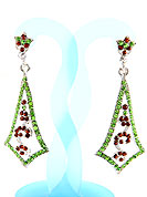 Create striking glance with this earring intended in a rhombus shaped frames which are nicely designed with Lime and Red Diamonds work. The base frame of earring is made with alloy metal. Keep away from water, sweat and perfume. Slight Color variations are possible due to differing screen and photograph resolution.