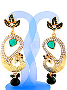 Each design has been carefully crafted keeping in mind the taste of today’s Indian woman. A classic earring is beautified with diamond and crystal moti work. Peacock shape frames studded with white, green and light blue diamonds. Hanging moti and stone in centre is the main point of attraction. Keep away from water, sweat and perfume. Slight Color variations are possible due to differing screen and photograph resolution.