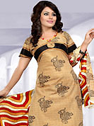 Attract all attentions with this printed suit. This Suit has beautiful printed kameez which is crafted with geometric print work. Color combination of suit is fascinating and make you trendy look. This casual wear drape made with cotton fabric. Matching dupatta and churidar is available. Slight Color variations are possible due to differing screen and photograph resolutions.