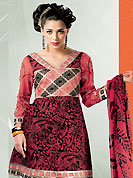 Outfit is a novel ways of getting yourself noticed. The dazzling kameez have amazing paisley print and embroidery patch work. Embroidery is done with resham work in form of floral motifs. Embroidery on kameez is highlighting the beauty of this suit. Matching churidar and printed chiffon dupatta come along with this suit. This drape material is cotton fabric. The entire ensemble makes an excellent wear. Slight Color variations are possible due to differing screen and photograph resolutions.