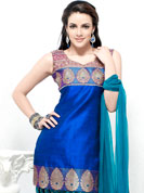 Take the fashion industry by storm in this lovely blue and turquoise patiala salwar suit. This amazing suit adorns with embroidery patch work on neckline and bottom area done with resham, sequins and zari work. Stylish neck pattern is stunning. This suit is made with silk fabric. Matching patiala salwar and embellished dupatta is available with this. Slight Color variations are possible due to differing screen and photograph resolutions.