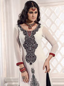 Different colors are a perfect blend of traditional Indian heritage and contemporary artwork. This off white and red A-Line kameez has beautiful embroidered patch work done with resham, stone and dupion work in form of floral motifs. Embroidery on kameez is highlighting the beauty of this suit. Color combination of this suit is captivating and makes an impression to all. Santoon churidar and chiffon dupatta come along with this suit. This beautiful party wear made with chiffon fabric. Slight Color variations are possible due to differing screen and photograph resolutions.