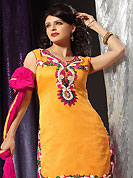 Bold colors created by the inventive drapes of textile catch the imagination like no other contemporary clothing. This deep yellow readymade salwar kameez is embllished with beautiful embroidery patch work in fabulous style. Embroidery is done with resham, stone, sequins and cutdana work. Stylish neck pattern is eye catching to impress all. Contrasting deep pink cotton salwar and dupatta is available with this suit. This drape crafted with art silk fabric. Slight color variations are possible due to differing screen and photograph resolutions.