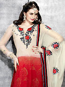 The most beautiful refinements for style and tradition. This beautiful cream and shaded red kameez is nicely designed with golden print and embroidery patch work. Embroideri is done with resham, zari and sequins work in form of floral motifs. Embroidery on kameez is highlighting the beauty of this suit. The entire ensemble makes an excellent wear. Matching churidar and dupatta come along with this suit. This beautiful party wear suit is made with  chiffon fabric. Slight Color variations are possible due to differing screen and photograph resolutions.