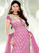 Be the cynosure of all eyes with this wonderful  wear in flattering colors and combinations. This onion pink chiffon kameez has beautiful embroidered and patch work. Embroidery is done with resham, sequins and lace work in form of floral motifs. Embroidery on kameez is highlighting the beauty of this suit. Matching churidar and dupatta is available with this suit. It’s a wonderful party wear suit. Slight color variations are possible due to differing screen and photograph resolutions.