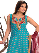 Take the fashion industry by storm in this beautiful embroidered suit. The dazzling sky blue georgette readymade churidar suit have amazing embroidery patch work is done with zari, sequins, stone and lace work. The entire ensemble makes an excellent wear. Contrasting maroon dupion silk churidar and net dupatta is available with this suit. Slight Color variations are possible due to differing screen and photograph resolutions.