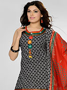 A desire that evokes a sense of belonging with a striking details. The dazzling black and off white cotton readymade salwar kameez have amazing floral print and embroidery patch work is done with resham, sequins, stone and beads work. The entire ensemble makes an excellent wear. Contrasting red cotton salwar and red and black chiffon dupatta is available with this suit. Slight Color variations are possible due to differing screen and photograph resolutions.