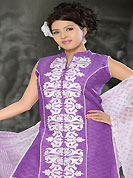 This season dazzle and shine in pure colors. The dazzling light purple cotton jacquard readymade salwar kameez have amazing embroidery patch work is done with resham thread and lace work. The entire ensemble makes an excellent wear. Contrasting off white printed cotton salwar and shaded chiffon dupatta is available with this suit. Slight Color variations are possible due to differing screen and photograph resolutions.