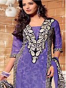 The glamorous silhouette to meet your most dire fashion needs. The dazzling light purple and black georgette jacquard churidar suit have amazing geometric, paisley print and embroidery patch work is done with resham, stone and applique work. The entire ensemble makes an excellent wear. Matching churidar and dupatta is available with this suit. Slight Color variations are possible due to differing screen and photograph resolutions.