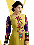The color range from natural shades looks ravishing. The dazzling light olive green georgette churidar suit have amazing embroidery patch work is done with resham, zari and lace work. Beautiful embroidery work on kameez is stunning. The entire ensemble makes an excellent wear. Contrasting purple santoon churidar and purple chiffon dupatta is available with this suit. Slight Color variations are possible due to differing screen and photograph resolutions.