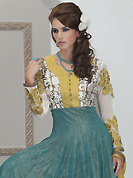 The glamorous silhouette to meet your most dire fashion needs. The dazzling teal green and off white shimmer readymade churidar suit have amazing embroidery patch work is done with resham and kasab work. Beautiful embroidery work on kameez is stunning. The entire ensemble makes an excellent wear. Contrasting dark yellow santoon churidar and dark yellow chiffon dupatta is available with this suit. Slight Color variations are possible due to differing screen and photograph resolutions.