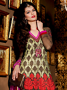 Attract all attentions with this embroidered suit. The dazzling dusty dark purple net anarkali churidar suit have amazing embroidery patch work is done with resham and zari work. Beautiful embroidery work on kameez is stunning. The entire ensemble makes an excellent wear. Contrasting dark pink churidar and dupatta is available with this suit. Slight Color variations are possible due to differing screen and photograph resolutions.