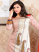 Outfit is a novel ways of getting yourself noticed. The dazzling off white cotton silk churidar suit have amazing floral, paisley, block print and patch work. The entire ensemble makes an excellent wear. Contrasting red cotton silk churidar and south silk dupatta is available with this suit. Slight Color variations are possible due to differing screen and photograph resolutions.