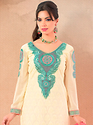 The most beautiful refinements for style and tradition. This cream cotton churidar suit have amazing embroidery patch work is done with resham work. Embroidery on kameez is highlighting the beauty of this suit. Contrasting salmon churidar and salmon chiffon dupatta come along with this suit. Slight Color variations are possible due to differing screen and photograph resolutions.