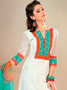An occasion wear perfect is ready to rock you. This white cotton churidar suit have amazing embroidery patch work is done with resham work. Embroidery on kameez is highlighting the beauty of this suit. Matching churidar and green chiffon dupatta come along with this suit. Slight Color variations are possible due to differing screen and photograph resolutions.