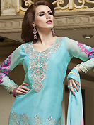 Try out this year top trend, glowing, bold and natural collection. The dazzling sky blue cotton churidar suit have amazing embroidery patch work is done with resham, stone and lace work. The entire ensemble makes an excellent wear. Contrasting pink churidar and double dye chiffon dupatta is available with this suit. Slight Color variations are possible due to differing screen and photograph resolutions.
