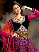 An occasion wear perfect is ready to rock you. The dazzling dark grey and pink net and velvet churidar suit have amazing embroidery patch work is done with resham, zari, sequins and lace work. Beautiful embroidery work on kameez is stunning. The entire ensemble makes an excellent wear. Matching pink santoon churidar and shaded net dupatta is available with this suit. Slight Color variations are possible due to differing screen and photograph resolutions.