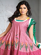 It is color this season and bright shaded suits are really something that is totally in vogue. The dazzling pink and dark blue cotton silk readymade anarkali churidar suit have amazing floral print and embroidery patch work is done with resham work. Beautiful embroidery work on kameez is stunning. The entire ensemble makes an excellent wear. Contrasting dark green churidar and double dye crush dupatta is available with this suit. Slight Color variations are possible due to differing screen and photograph resolutions.