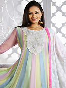 The glamorous silhouette to meet your most dire fashion needs. The dazzling multicolor chiffon readymade anarkali churidar suit have amazing embroidery patch work is done with resham, beads and lace work. Beautiful embroidery work on kameez is stunning. The entire ensemble makes an excellent wear. Contrasting white santoon churidar and white dupatta is available with this suit. Slight Color variations are possible due to differing screen and photograph resolutions.