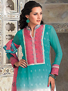 It is color this season and bright shaded suits are really something that is totally in vogue. The dazzling shaded turquoise and white georgette churidar suit have amazing embroidery patch work is done with resham work. The entire ensemble makes an excellent wear. Matching turquoise santoon churidar and pink chiffon dupatta is available with this suit. Slight Color variations are possible due to differing screen and photograph resolutions.