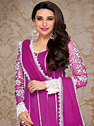 Your search for elegant look ends here with this lovely suit. The dazzling magenta net churidar suit have amazing embroidery patch work is done with resham, sequins and lace work. Beautiful embroidery work on kameez is stunning. The entire ensemble makes an excellent wear. Contrasting white santoon churidar and magenta net dupatta is available with this suit. Slight Color variations are possible due to differing screen and photograph resolutions.