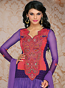 Take a look on the changing fashion of the season. The dazzling shaded purple and red georgette churidar suit have amazing embroidery patch work is done with resham and stone work. Beautiful embroidery work on kameez is stunning. The entire ensemble makes an excellent wear. Matching dark purple santoon churidar and purple chiffon dupatta is available with this suit. Slight Color variations are possible due to differing screen and photograph resolutions.