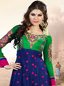Attract all attentions with this embroidered suit. The dazzling dark blue and green faux georgette anarkali churidar suit have amazing embroidery patch work is done with resham, zari and stone work. The entire ensemble makes an excellent wear. Contrasting dark pink santoon churidar and dark pink chiffon dupatta is available with this suit. Slight Color variations are possible due to differing screen and photograph resolutions.