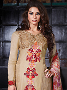 The fascinating beautiful subtly garment with lovely patterns. The dazzling dark beige lawn cotton churidar suit have amazing embroidery patch work is done with resham and zari work. The entire ensemble makes an excellent wear. Matching cambric cotton churidar and chiffon dupatta is available with this suit. Slight Color variations are possible due to differing screen and photograph resolutions.