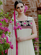 Your search for elegant look ends here with this lovely suit. The dazzling cream net churidar suit have amazing embroidery patch work is done with resham, sequins, stone, beads and lace work. Beautiful embroidery work on kameez is stunning. The entire ensemble makes an excellent wear. Matching churidar and dupatta is available with this suit. Slight Color variations are possible due to differing screen and photograph resolutions.