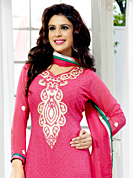 Breathtaking collection of suits with stylish embroidery work and fabulous style. The dazzling pink faux georgette churidar suit have amazing embroidery patch work is done with resham and lace work. Matching churidar and dupatta is available with this suit. Slight Color variations are possible due to differing screen and photograph resolutions.