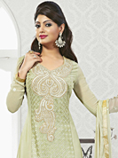 Attract all attentions with this embroidered suit. The dazzling pale olive green faux georgette churidar suit have amazing embroidery patch work is done with resham work. Matching santoon churidar and chiffon dupatta is available with this suit. Slight Color variations are possible due to differing screen and photograph resolutions.