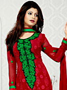 Dreamy variation on shape and forms compliment your style with tradition. The dazzling red faux georgette churidar suit have amazing embroidery patch work is done with resham work. Matching santoon churidar and chiffon dupatta is available with this suit. Slight Color variations are possible due to differing screen and photograph resolutions.