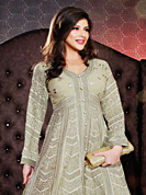 The color range from natural shades looks ravishing. The dazzling dusty grey georgette anarkali churidar suit have amazing embroidery patch work is done with resham work. Beautiful embroidery work on kameez is stunning. The entire ensemble makes an excellent wear. Matching santoon churidar and chiffon dupatta is available with this suit. Slight Color variations are possible due to differing screen and photograph resolutions.
