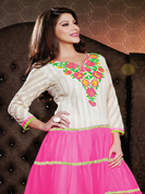 Outfit is a novel ways of getting yourself noticed. The dazzling off white and pink chiffon anarkali churidar suit have amazing embroidery patch work is done with resham and lace work. Beautiful embroidery work on kameez is stunning. The entire ensemble makes an excellent wear. Matching white santoon churidar and white dupatta is available with this suit. Slight Color variations are possible due to differing screen and photograph resolutions.