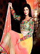 Your search for elegant look ends here with this lovely suit. The dazzling multicolor georgette long style anarkali churidar suit have amazing embroidery patch work is done with resham and zari work. Beautiful embroidery work on kameez is stunning. The entire ensemble makes an excellent wear. Matching off white santoon churidar and peach chiffon dupatta is available with this suit. Slight Color variations are possible due to differing screen and photograph resolutions.