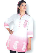 This White and Pink cotton tunic has paisley patterned patch work on bottom area. Button chain on neckline is nice. This is a perfect casual wear. Slight Color variations are possible due to differing screen and photograph resolutions.