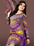 Extensive and showy tunics with simplicity. This deep purple faux crepe tunic is designed with beautiful combination of digital print and sequins work in form of floral and abstract motifs. Beautiful printed faux georgette stole is available with this tunic. Bottom shown in the image is just for photography purpose. Slight Color variations are possible due to differing screen and photograph resolutions.