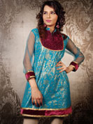 Feel refreshed yet trendy with this cool blue kurti with simar lining.
The most attractive feature of this kurti is that its sleeves are made of net which is an exclusive feature and also the velvet patch work done adds to its fantastic elegant look.
Suitable for all kinds of occasion and best suited for the summer season.