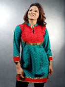 Dabu print kurti with patch work and and sequence lace work