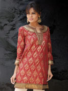 Cambric gold kurti with brocket patch work and sequence lace work on neck and wrist