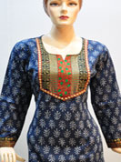 Traditional designer print cotton and crepe kurti with patch work and traditional embroidred. For any occasion and formal party. Slight Color variations possible due to differing screen and photograph resolutions