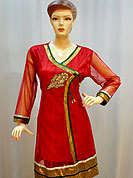 Simple captivating net kurti is nicely designed with golder zari lace work on all over. Beautiful embroidery patch and Grave border work on kurti is create a centre of attraction. Color of this kurti is red and green. It’s a party wear drape. Slight Color variations are possible due to differing screen and photograph resolutions.