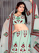 Take a look on the changing fashion of the season. This light sea green lehenga choli is nicely embroidered and patch work done with  resham and sequins work in form of floral motifs. All over embroidery work on lehenga is stunning. The beautiful embroidery on lehenga made it awesome and gives you stylish and attractive look to others. Matching and dupatta is availble with this lehenga. Slight Color variations are possible due to differing screen and photograph resolutions.