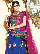 Take a look on the changing fashion of the season. This blue crepe lehenga choli is nicely embroidered and velvet patch border is done with resham, zari, sequins and stone work. The beautiful embroidery on lehenga made it awesome and gives you stylish and attractive look to others. Contrasting green and pink brocade and velvet choli and pink net dupatta is availble with this lehenga. Slight Color variations are possible due to differing screen and photograph resolutions.