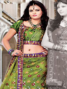 Get ready to sizzle all around you by sparkling lehenga. This olive green net lehenga choli is nicely embroidered and patch work done with resham, zari and sequins work in form of floral motifs. The beautiful embroidery on lehenga made it awesome and gives you stylish and attractive look to others. Matching choli and dupatta is availble with this lehenga. Slight Color variations are possible due to differing screen and photograph resolutions.