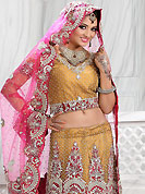Get ready to sizzle all around you by sparkling lehenga. This light brown net lehenga is nicely embroidered and velvet patch work is done with stone, zardosi, cutdana and cutbeads work. The beautiful embroidery on lehenga made it awesome and gives you stylish and attractive look to others. Matching choli and pink net dupatta is availble with this lehenga. Slight Color variations are possible due to differing screen and photograph resolutions.