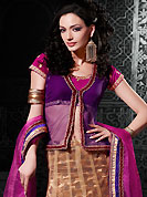 Welcome to the new era of Indian fashion wear. This fawn net a-line lehenga choli is nicely embroidered patch border is done with resham, zari, stone and lace work. The beautiful embroidery on lehenga made it awesome and gives you stylish and attractive look to others. Contrasting magenta and purple dupion and net choli and net dupatta is availble with this lehenga. Slight Color variations are possible due to differing screen and photograph resolutions.
