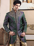 Fantastic sherwani made pure banarasi silk with dhoti. Amazing sherwani adorned with stones, zardosi and cutdana. Stylish dhoti made it very pretty. Outfit is a novel ways of getting yourself noticed. A heavy embroidery on front border, collar and cuffs are enhanced your personality. Slight Color variations possible due to differing screen and photograph resolutions.