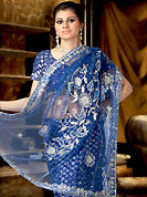 Take the fashion industry by storm in this beautiful embroidered saree. This stylish and amazing saree is designed with floral embroidery patch and border while using cutdana work on all over made it attractive and unique to others. The saree is specially crafted for your stunning look and terrific style. This drape material is georgette. Matching blouse is available. This saree is also available in light blue and pink colors. Slight color variations are possible due to differing screen and photograph resolution.
